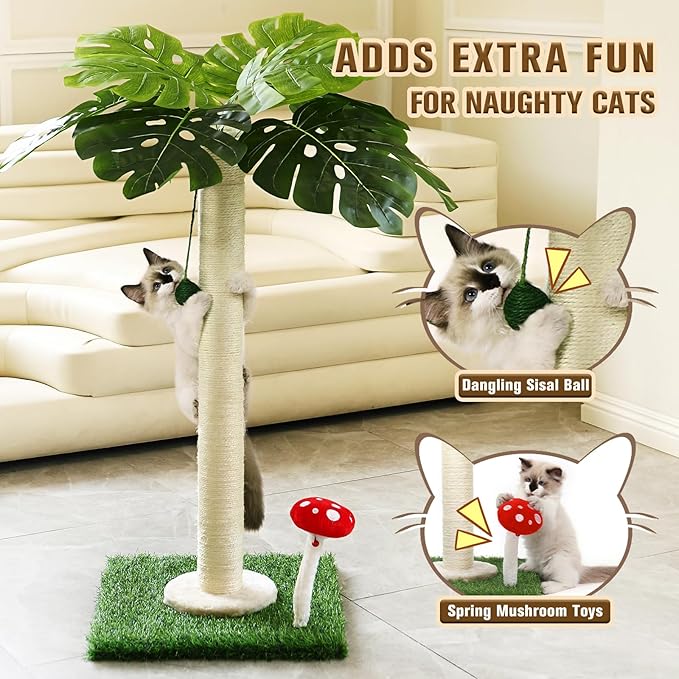 SHUNY Cat Scratching Post,35 Inch Tall Cat Scratching Posts for Indoor Cats,Nature Sisal Cat Scratcher Post with Hanghing Ball,Palm Tree Cat Scratch Post for Indoor Adult Cats and Kittens
