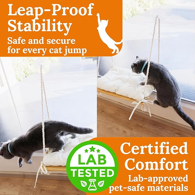 Cat Window Perch - Cat Hammock for Window - Solid Wood Seat & Strong Suction Cups - Cat Window Bed & Furniture for Cats Inside - Hanging Window Shelf for Small Medium Indoor Cats