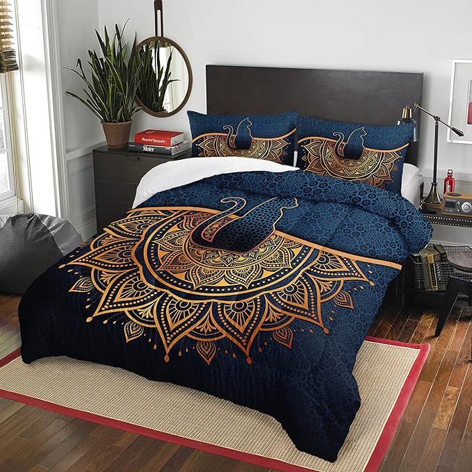 AILONEN Bohemian Cat Comforter Set Queen Size, Blue Black Texture Cat Bedding Set,Boho Duvet Set for Kids Boys Girls Adults Room Decor 3Pcs (1 Comforter + 2 Pillowcases)
