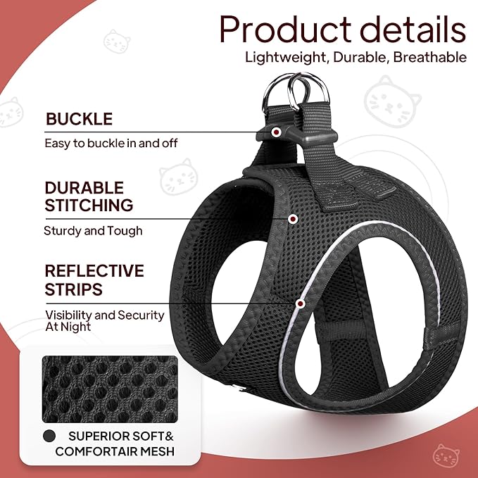 TwoEar Cat Harness Escape Proof, Soft Dog Vest Harness Adjustable, Breathable Mesh Step-in Puppy Walking Jacket Reflective Easy Control for Extral Small Pets for Outdoor Walking(XXXS, Black)