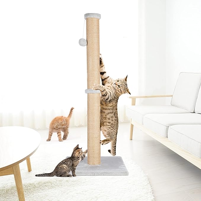 FluffyDream 37'' Cat Scratching Post, Natural Sisal Rope Scratcher with Dangling Teaser Ball and Covered with Soft Plush for Kittens and Adult Cats, Sand Color