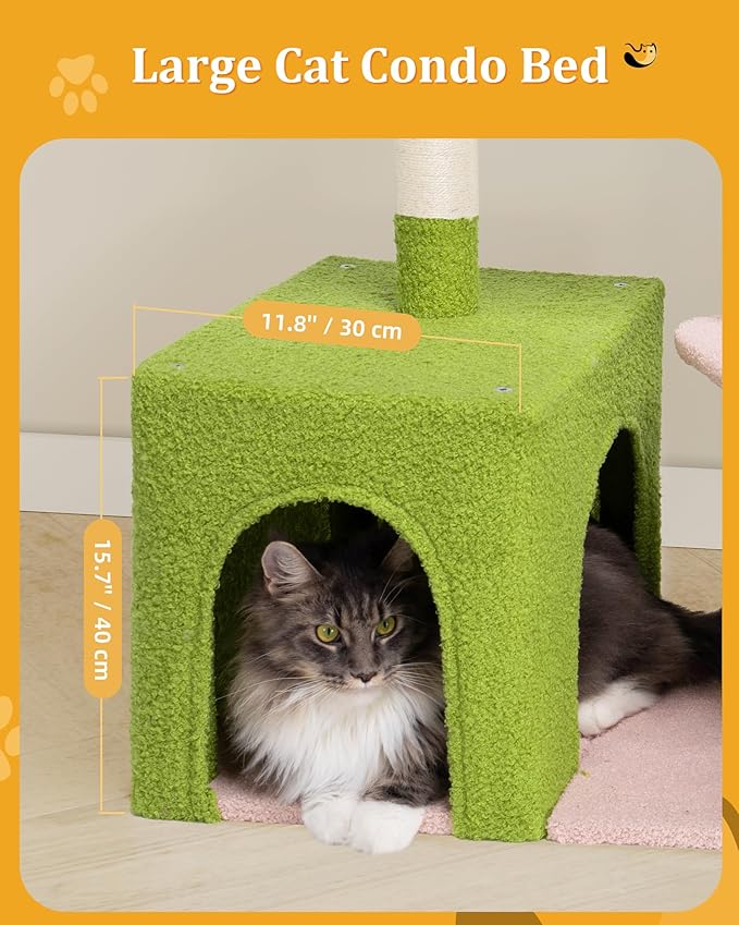 Flower Cat Tree Tower for Large Cats, 41.2'' Cute Cat House with 4 Scratching Posts, 2-Door Condo Cave for Adult Cats, Cozy Perch and Hammock for Small Cats or Pets, Green Pink