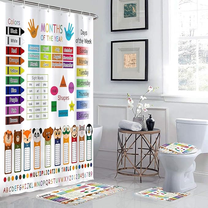 4 Pcs Educational Kids Shower Curtain Set with Non-Slip Rugs, Months, Days, Shapes, and Multiplication Table for Learning – Fun Cartoon Animals Design, Bathroom Decor for Children 72Lx72in