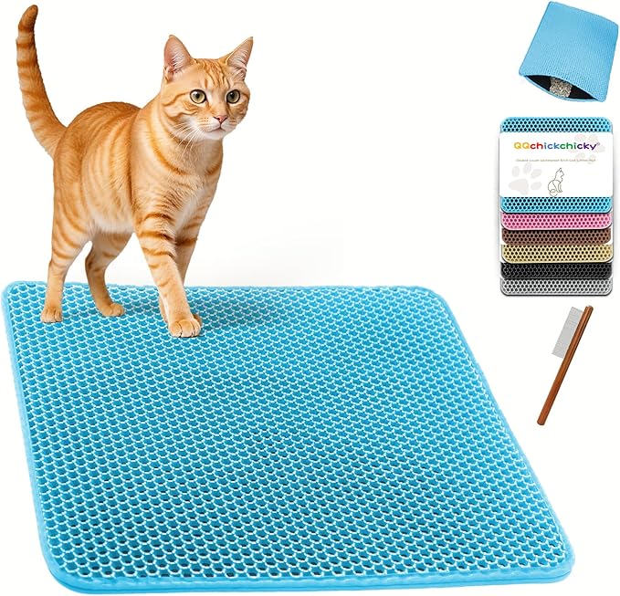 2025 𝗡𝗘𝗪 Waterproof Cat Litter Mat | Double Layer EVA, Odor-Free Large Grid | Urine Proof & Easy Cleanup | Soft on Paws | Versatile Design for Litter and Feeding (Blue, 12×19)