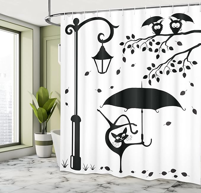 Ambesonne Cat Shower Curtain, Funny Kitty with Umbrella Dancing Under Street Lamp in Town Urban Humorous Print, Cloth Fabric Bathroom Decor Set with Hooks, 69" W x 84" L, White and Black