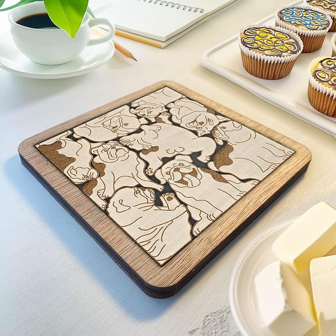 02 English Bulldog Dog Coaster - English Bulldog Dog Puzzle Wooden Coaster Set - Interlocking Jigsaw Drink Mats with Laser-Cut Design for English Bulldog Lovers