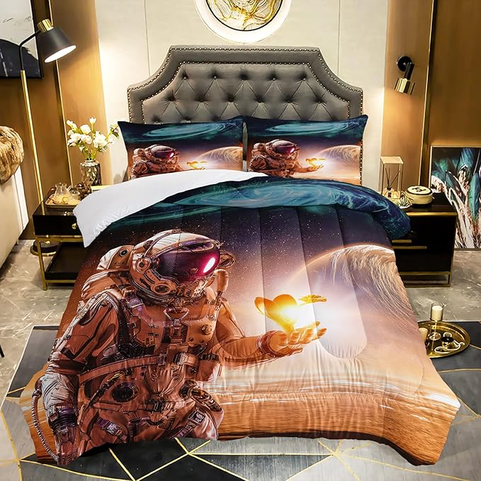 AILONEN Astronaut Comforter Set for Teens Boys Kids Girls, Space Astronaut Bedding Set Full Size,Outer Space Themed Quilted Duvet Bed Set,Planet Quilt,1 Comforter 2 Pillowcases 3 Piece