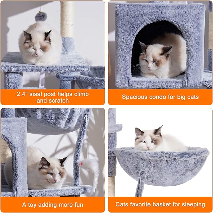 Heybly Cat Tree with Toy, Cat Tower condo for Indoor Cats, Cat House with Padded Plush Perch, Cozy Hammock and Sisal Scratching Posts, Pewter HCT004PE