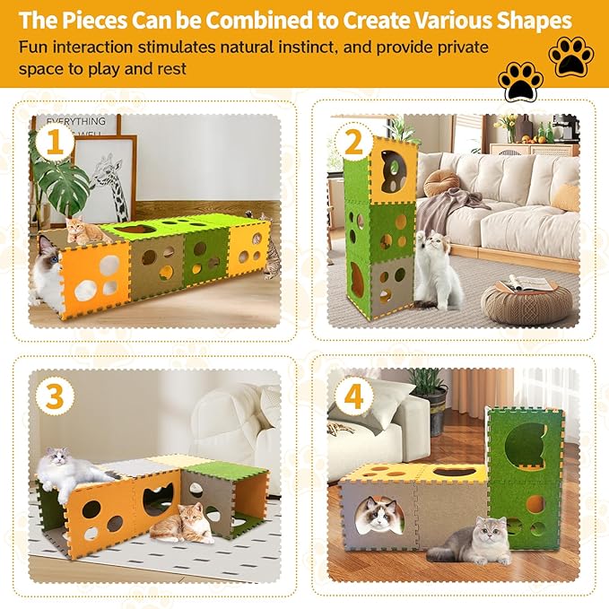 16 Pcs DIY Cat Play Tunnel, Foldable Cat Hideaway Cave Felt Cat Tunnel, Soft Felt Pet Kitten Play Tubes and Tunnels with Interactive Peek Hole, Cat Tunnel Bed for Indoor Cats