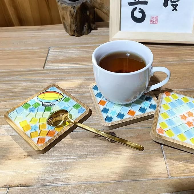 4PCS Mosaic Bamboo Coasters for Crafts, Blank Base Trays, Drinking Cup Coaster, Plant Coaster, Art Plate,DIY Mosaic Supplies (Square L)