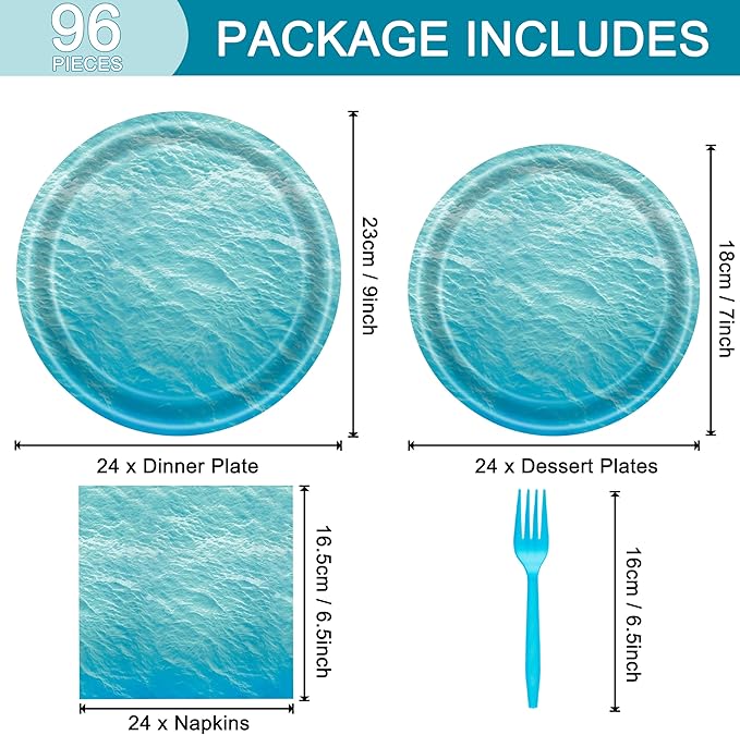 96 Pcs Ocean Sea Plates and Napkins Party Supplies, Disposable Forks Paper Dessert Tableware Decorations Birthday Table Dinnerware Favors Set, Serves 24