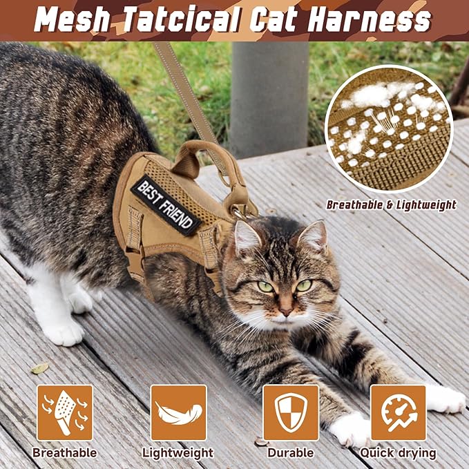 Tactical Cat Harness Leash, Air Mesh Cat Walking Vest Harness Escape Proof, Reflective Large Cat Harnesses with Handle for Adult Fat Cats (AKhaki, XL)