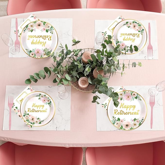 96Pcs Flower Retirement Party Decorations for Women White Peony Happy Retirement Plates Tableware Pink Gold Floral Retirement Dinnerware Napkin for Goodbye Going Away Farewell Party Supplies 24 Guests