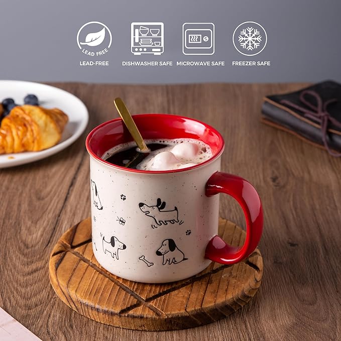 AmorArc 22 OZ Large Ceramic Coffee Mugs Set of 2, Oversized Mugs With Big Handle for Men Women Dad Mom, Big Mug With Textured Dogs Cats Patterns for Office & Home -Microwave Safe, 2 Pcs-Red