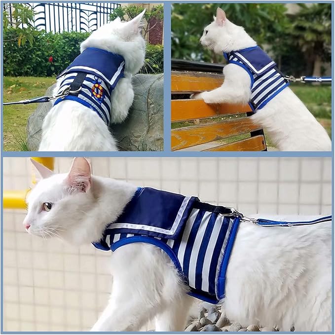 Cat Harness and Leash for Walking Escape Proof, Adjustable Cat Vest Harness, Padded Stylish Cat Walking Jackets, Sailor Suit Navy, X-Small