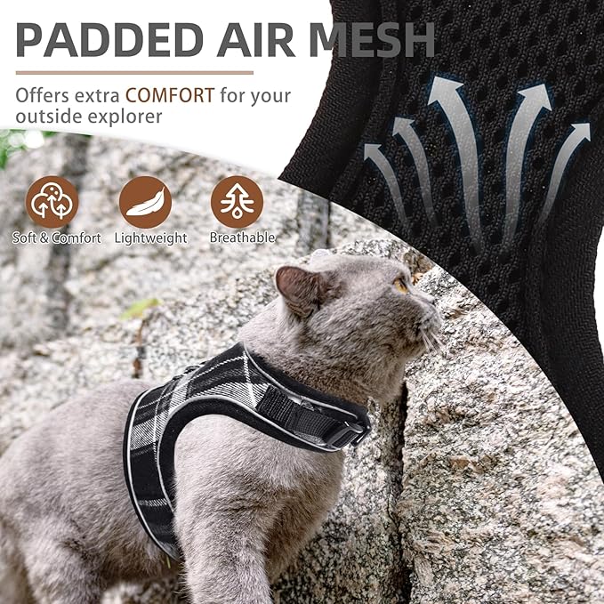 PUPTECK Soft Mesh Cat Vest Harness and Leash Set Puppy Padded Pet Harnesses Escape Proof for Cats Small Dogs Rabbits Bunny, Plaid Black, M