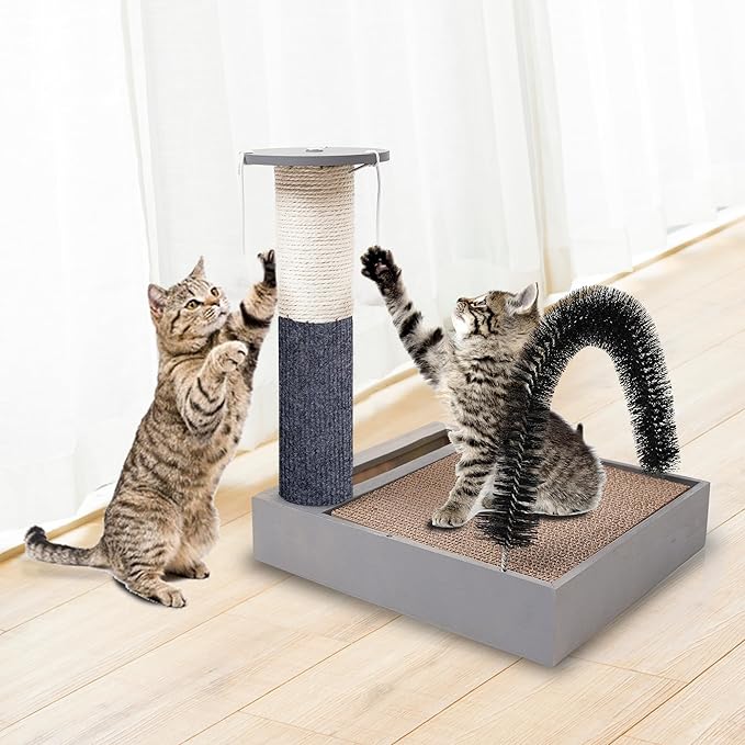 Pet Fur Grooming Cat Scratching Pads,Cats Self Groomer Massager Scratcher Toy Brush,Cat Scratching Pads with Wooden Tray (Gray)…