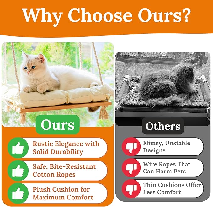 Cat Window Perch - Cat Hammock for Window - Solid Wood Seat & Strong Suction Cups - Cat Window Bed & Furniture for Cats Inside - Hanging Window Shelf for Small Medium Indoor Cats