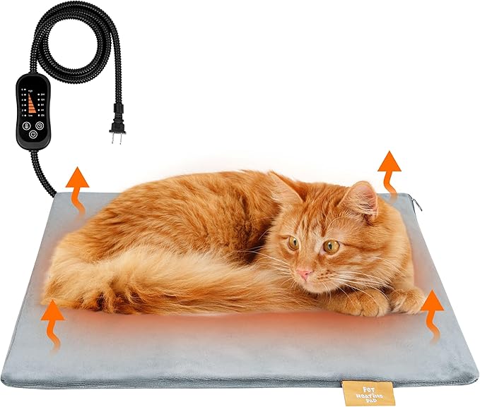 azuza Pet Heating Pad for Dogs and Cats, 6 Adjustable Temperature with Timer, Waterproof and Chew-Resistant Cord, Comfortable Fabric Dog Heating Mat, Auto Power-Off(18"x18")