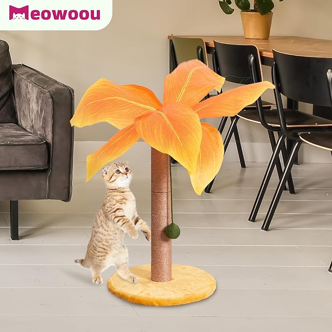 Cat Scratching Post 23.6 inch Cute Cat Scratcher Kitten Scratching Post with Sisal Rope for Indoor Cats Palm Tree Cat Scratching Post with Dangling Balls for Small Cats, Yellow