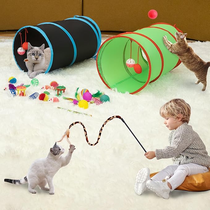 23PCS Assortment of Cat Toys -Foldable Spiral Cat Tunnel,Cat Spring,Mice,Cat Interactive Feather Teaser Wand Ball Toy, Colorful Balls & Bells for Kittens, Cats, and Puppies!