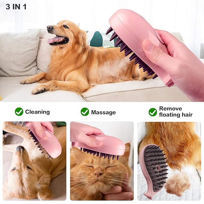 3in1 Cat Steam Brush,Multifunctional Rechargeable Cute Steamy Pet Brush for Short Or Long Hair Cats/Dogs To Massage/Clean/Eliminate Flying&Tangled Hair With USB Cable-Pink Whale