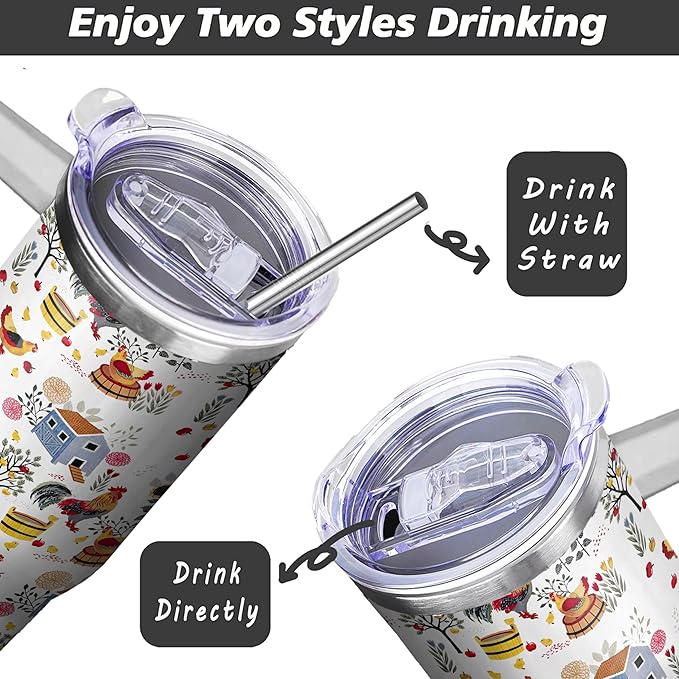 40 Oz Chicken Tumbler with Handle and Straw, Double Wall Stainless Steelchicken Mugs, Insulated Rooster Cup Gifts for Chicken Lovers Women, Chicken Travel Mug Chicken Gifts for Women