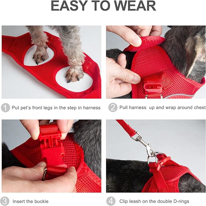 PetiFine Extra Small Step in Dog Harness and Leash Set, Cat Harness and Leash Escape Proof, All Weather Mesh Reflective, Step-in Air Vest Harnesses for Puppy(XXS, Red)