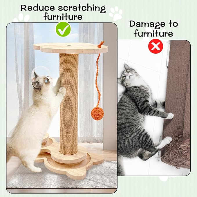 Fhiny Cat Scratching Posts, Interactive Cat Toys for Indoor Cats Sisal Rope Kitten Scratcher with Cat Treat Dispenser 2-Layer Wooden Cat Turntable & Interactive Balls Dangling Ball for Cats Kittens