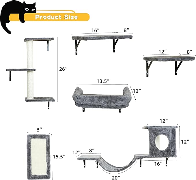 Wall Mounted Cat Furniture, 6pc Cat Wall Furniture, Cat Climber with Cat House, Bridge, Tree, Steps, and Scratcher, DIY Cat Walls Playground, Cat Shelves for Indoor Wall Furniture Set - Dark