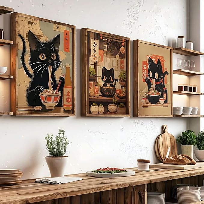 3Pcs Funny Japanese Black Cat Canvas Wall Art Vintage Animal Posters Prints Edo Period Ramen Cat Pictures Japan Quirky Cat Painting Kitchen Dining Wall Decor Animal Lover Gift 12x16in Unframed
