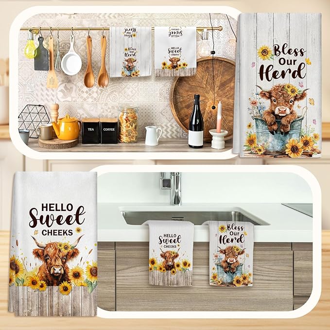 2 Pcs Highland Cow Gifts Highland Cow Kitchen Towels for Farmhouse Bathroom Kitchen Decor 24 x 16 Inch Highland Cattle Tea Hand Towels