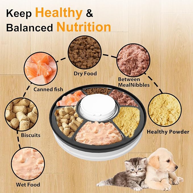 Automatic Cat Feeder Wet Food/Dry Food, 6 Meal Timed Pet Feeder Easily Programmable &Easy to Clean, Auto Feeder for Cats/Small Dogs(Black)