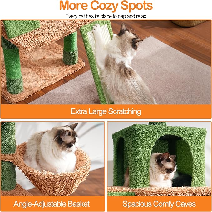 Heybly Cat Tree, Cactus Cat Tower for Indoor Cats,Multi-Level Cat Furniture Condo for Cats with Padded Plush Perch, Cozy Basket and Scratching Board HCT014CA