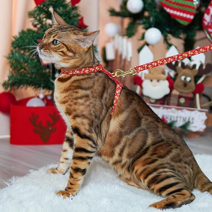 azuza Christmas Cat Harness and Leash Set for Safe Walking and Travel, Reindeer Print Cat Harness Escape Proof Lightweight Size Adjustable Soft Material for Small Large Cats