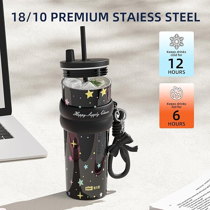 24 oz Cute Portable Travel Tumbler Stainless Steel with Lid and Straw, Sidagar Leak Proof Coffee Mug for Hot and Cold, Reusable Thermal Coffee Cup for Women, Leak Proof Water Bottle, Black Star