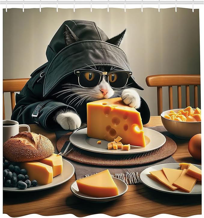 Ambesonne Cat Shower Curtain, Whimsical Kitty in a Mysterious Trench Coat Having a Feast with Cheese, Cloth Fabric Bathroom Decor Set with Hooks, 69" W x 70" L, Marigold and Charcoal Grey