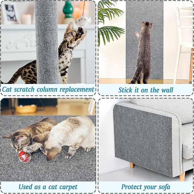 Gtmileo 78.7"x15.8" Trimmable Cat Scratching Mat, Cat Scratching Post Carpet, Self-Adhesive Cat Tree Shelves Replacement, Cat Scratch Furniture DIY Protector(Grey)