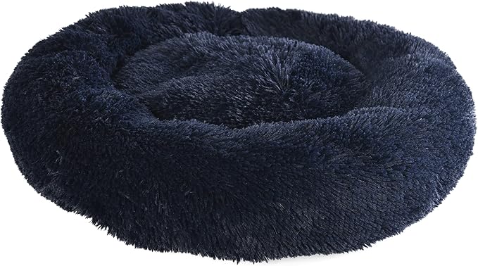 Max & Marlow Long Lush Faux-Fur, Anti-Anxiety Cuddler, Donut Dog & Cat Bed, Non Slip Bottom, Medium, Navy