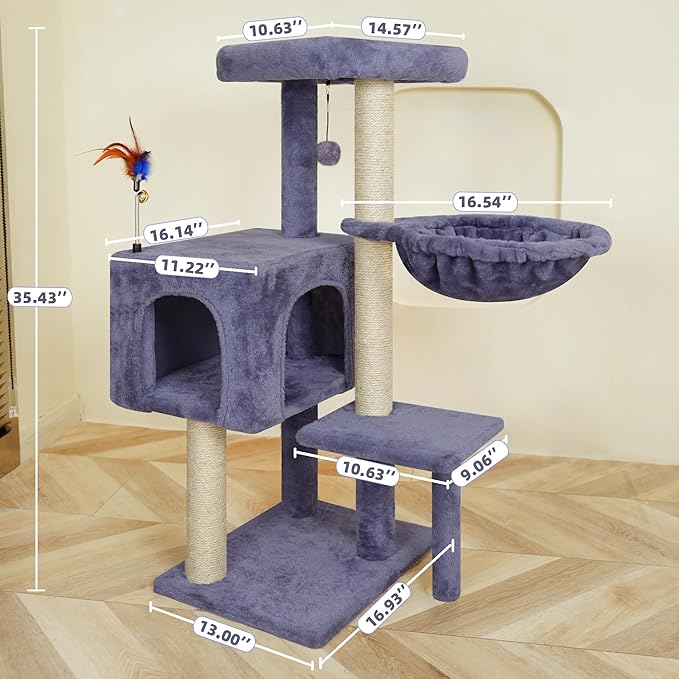 35.4'' Multifunction Cat Tree with Cozy Hammock & Hanging Ball, Cat Tower with Activity Cat Condo & Jute-Covered Scratching Posts, Grey