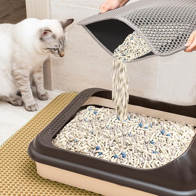 2025 𝗡𝗘𝗪 Waterproof Cat Litter Mat | Double Layer EVA, Odor-Free Large Grid | Urine Proof & Easy Cleanup | Soft on Paws | Versatile Design for Litter and Feeding (Gray, 18×25)