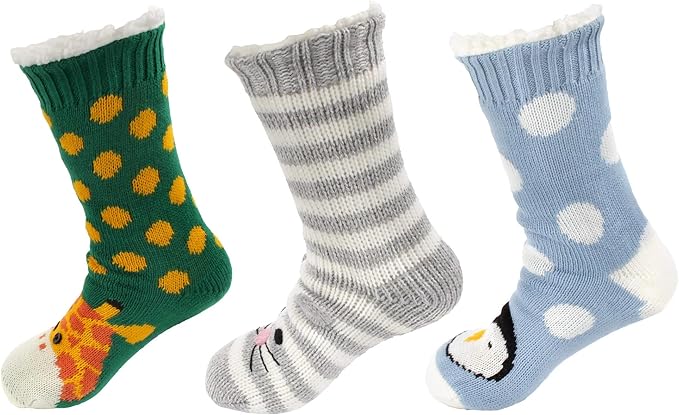 BambooMN Extra Thick Cozy Fuzzy Animal Thermal Cabin Plush Fleece-lined Knitted Crew Socks