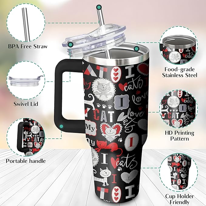 40 Oz Cat Tumbler With Straw and Handle, Double Wall Stainless Steel Coffee Mug, Insulated for Cat Lovers, Mom or Dad Cups Gifts for Women