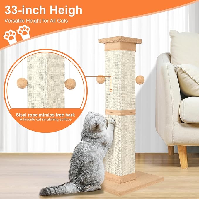 Cat Scratching Post 33 Inch Nature Sisal Cat Scratch Post for Indoor Cats, Large Cat Scratcher Protect Your Furniture Orange