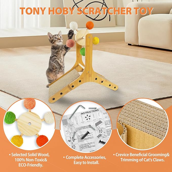 TONY HOBY Cat Scratching Post, Sisal Kitten Scratcher with Ferris Wheel Spinning Balls, Cat Scratching Board for Small Medium Cat (22.5 in, Colorful)