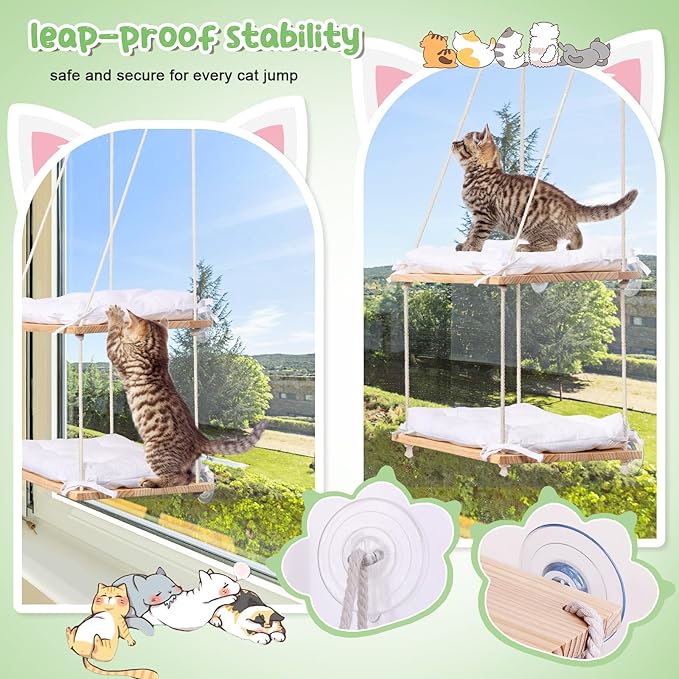 Cat Window Perch - Cat Window Hammock with Cushion Bed - Solid Wood Seat & Strong Suction Cups - Cat Window Bed & Furniture for Indoor - Hanging Window Shelf for Cats and Kittens(2-Layer)
