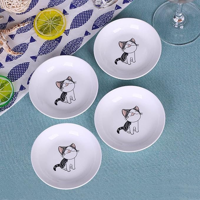 4 Pack Saucer Dishes with Cat Pattern, Ceramic Dipping Bowls Set, 4 Inch Side Dishes Sauce Dishes for Sushi Sauce Snack Soy, Porcelain Seasoning Dishes Side Bowls, Snack Serving Dishes
