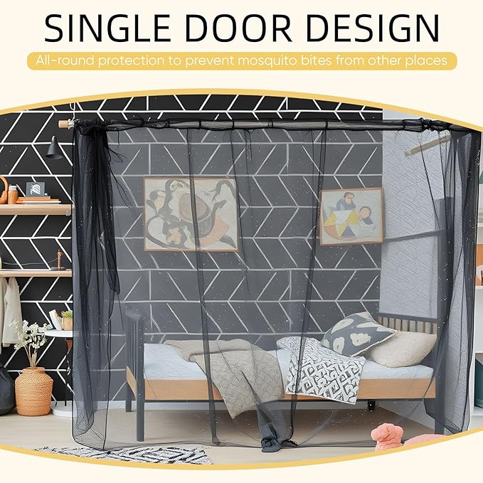 4 Corners Mosquito Net for Mosquiteros para Camas Bed Canopies Netting Bed Drapes Rectangular Mosquito Mesh for Camping Home Outdoor Travel Dormitory(Black,L75 X W79 X H67 Inch)