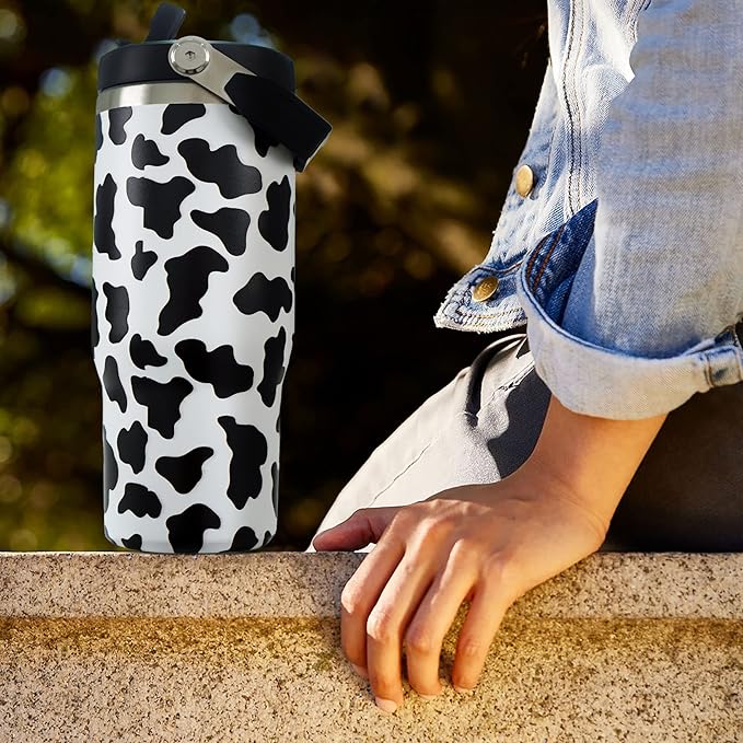 30oz Cow Print Tumbler with Handle and Straw, Stainless Steel Vacuum Insulated Coffee Tumbler, Travel Mug Water Bottle, Cow Stuff Accessories Decor, Cow Gifts for Women