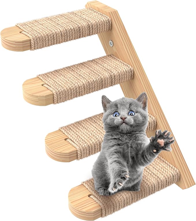 Skywin Cat Wall Steps - Solid Rubber Wood Cat Stairs Great for Scratching and Climbing - Easy to Install Wall Mounted Cat Shelves for Playful Cats (Wood, Right-Left)